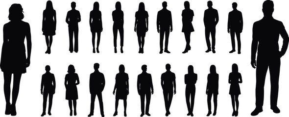 Silhouette diverse people group standing upright poses, corporate attire teamwork collaboration leadership office workplace illustration concept flat vector design stock © MstFerdushe
