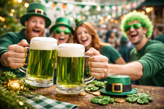 Group of people in Irish costumes toasting with ale at Saint Patrick's Day celebration.