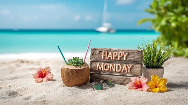 Coconut drink and Happy Monday sign on sandy beach with flowers and plants, a sailboat in the background under blue sky
