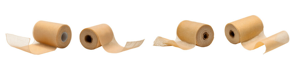 Collection for Four rolls of tan medical tape unrolling on transparent background
