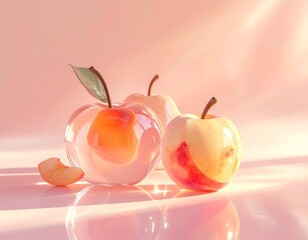 新鮮な果物とガラスの果物オブジェの美しい背景 / Fresh Fruits and Glass Fruit Objects with Copy Space
