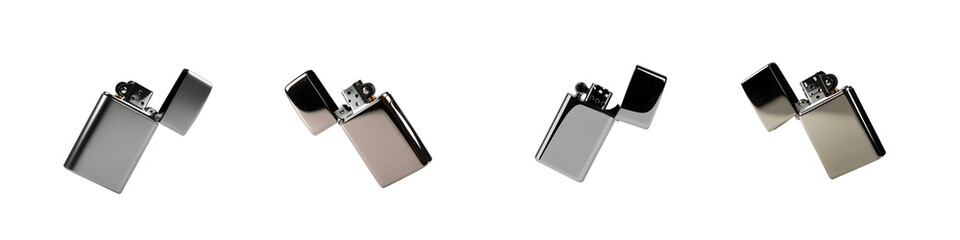 Collection for Four metallic lighters in a row on white isolated on transparent background