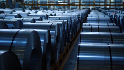 Obraz premium A vast industrial warehouse filled with neatly stacked rolled steel coils. The shiny metallic surface reflects the ambient light, creating a modern manufacturing atmosphere.