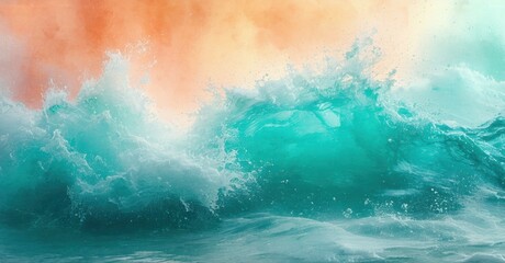 Fototapeta premium Ocean waves crash, turquoise water splashes against peach sky. Dramatic scene evokes power, beauty, natures force.