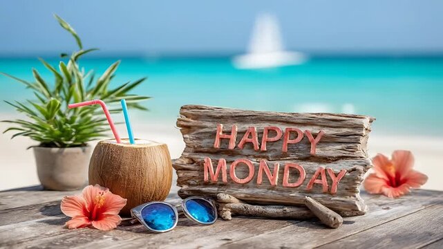 A wooden table with a 'HAPPY MONDAY' sign, sunglasses, coconut drink, and flowers on a serene beach with a blurred background view