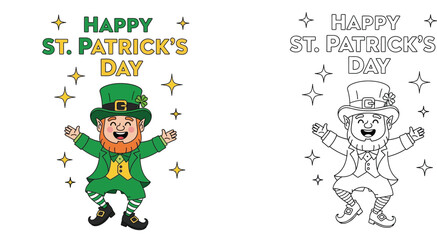 Fototapeta premium Happy St. Patrick's Day leprechaun dancing character vector. Cute Irish elf with text and stars. Coloring page black and white outline included.