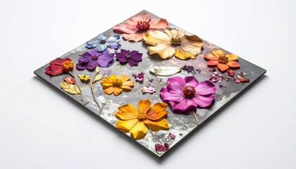 Vibrant Handcrafted Paper Pulp Flowers Sculpture on Textured Background, showcasing an artistic arrangement of abstract floral shapes with a delicate matte finish