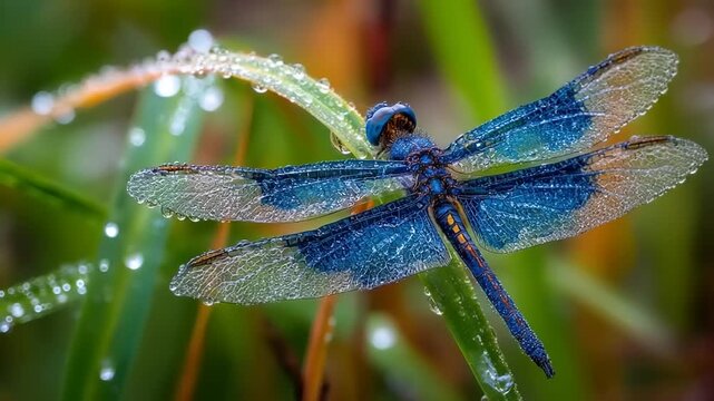 Close up of a dragonfly with blue wings resting on green vegetation