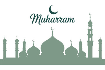 Islamic New Year greeting with mosque silhouette and crescent moon.