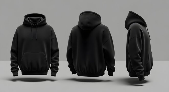 Black hooded sweatshirts in three different views
