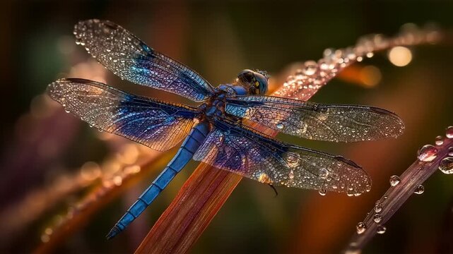 Close up of a vibrant blue dragonfly resting on a plant stem with dew drops