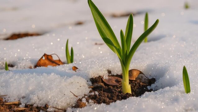 Bright green plant sprouting through fresh snow symbolizes resilience, renewal, and hope, capturing the transition from winter to spring and the power of new life in nature.