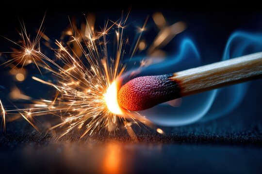Striking match creates sparks, illuminating dark background in close-up view