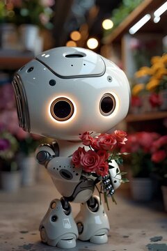 Un robot humanoide sostiene un ramo de flores en una florister&iacute;a.