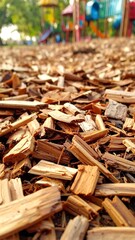 Low angle wood chips, blurred colorful play structure in background. Soft light creates depth. Playful atmosphere