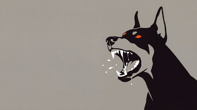Stylized illustration of an aggressive dog snarling with exposed teeth. Warning and protection animal concept.