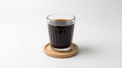Minimalist glass of black coffee on wooden coaster isolated on white background