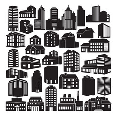 Building silhouette collection featuring various urban architecture styles from modern skyscrapers to residential houses and industrial factory structures isolated on white background for city map