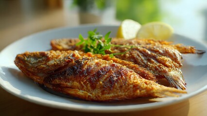 Golden Fried Fish Close-Up with Crunchy Skin and Minimal Table Setting