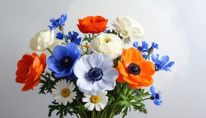 Beautiful bouquet of colorful anemone flowers and small daisies.