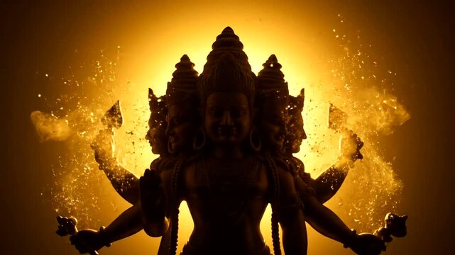 Silhouette of a multi-headed deity with a fiery aura.