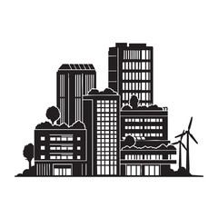 Obraz premium Sustainable city skyline silhouette with green roofs and wind turbines representing eco friendly urban development and renewable energy solutions for modern smart cities on white background space