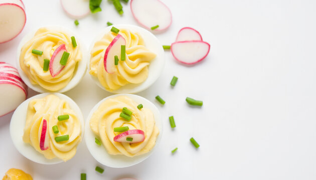 Deviled eggs with creamy filling and radish garnish on white background  