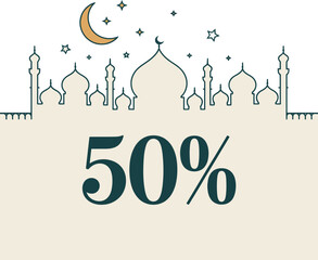 Obraz premium Ramadan 50% off sale advertisement with mosque skyline silhouette, crescent moon, and sparkling stars.