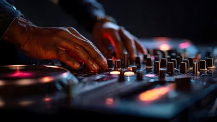 Side View Detail of Professional DJ Mixing Console in Low Light Atmosphere