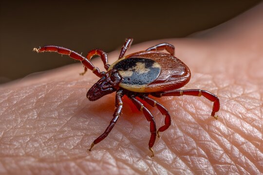 Close-up, highly detailed image of an engorged brown deer tick (Ixodes scapularis) attached to human skin. Sharp focus highlights legs, patterned back, texture, and potential health risk.