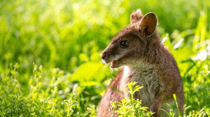 A close-up of a kangaroo on green grass. A brown baby kangaroo. Wild kangaroos, Australia, wildlife, marsupials. © Vera