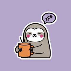 Naklejka premium Cute Sloth Character Holding a Large Orange Coffee Mug and Thinking of a Shooting Star, Adorable Animal Sticker Illustration on Purple