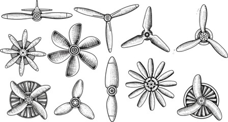 Vintage aircraft propeller set, hand drawn aviation blades collection, retro airplane engine parts illustration isolated on white background © MDRAKIB
