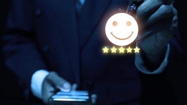 A businessman gives a five-star review online. Excellent customer experience evaluation.