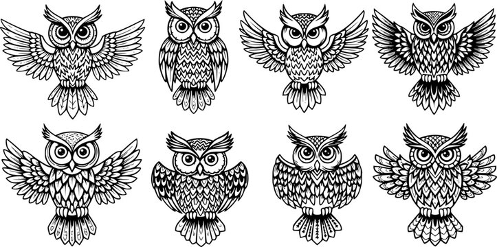 Black and white tribal style cartoon owl vector set with symmetrical wing spread and frontal perched poses
