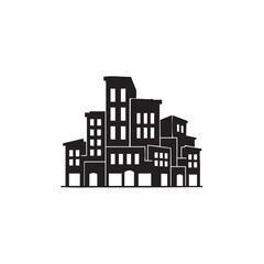 Obraz premium Black silhouette of a bustling city street with multiple interconnected buildings of various heights, featuring numerous windows and storefronts, creating an urban cityscape on a white background