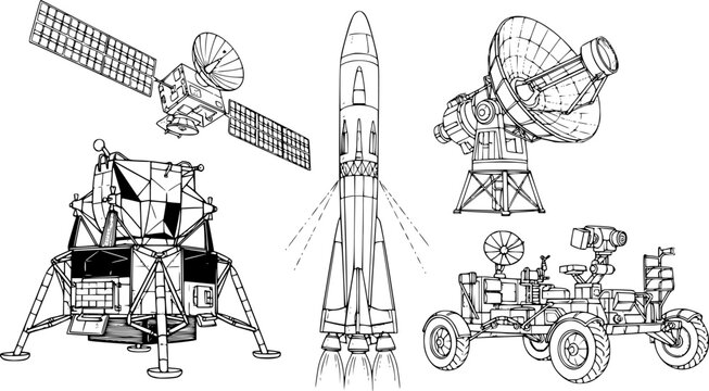 Detailed line art drawing of space exploration equipment including rocket, lunar module, rover, satellite, telescope with technical sketch style
