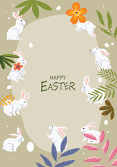 Obraz premium Happy Easter holiday with cute hand drawn elements and symbols easter bunnies, decorated, spring flowers vector illustration, poster, banner, template and background.