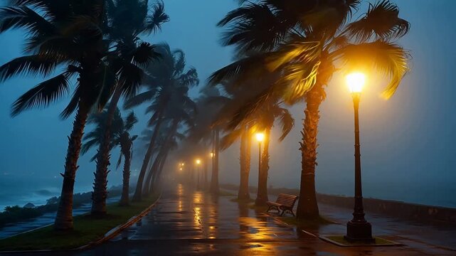 Palm trees and streetlights on a wet coastal path