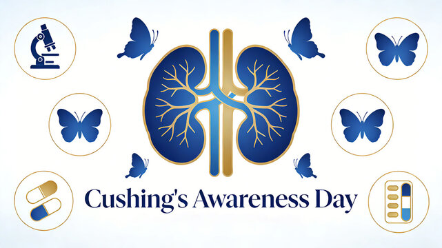 Blue gold kidney pattern paired with medical elements, Cushing's Syndrome Awareness and Science Popularization, Cushing's Syndrome Awareness Day public welfare science popularization
