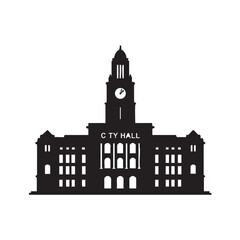 City hall building silhouette with clock tower entrance and windows on white background municipal government center symbol civic administration concept
