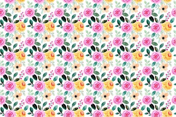 Vibrant floral pattern with pink roses and yellow flowers on white background