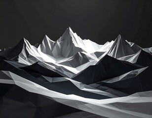 Low-poly mountains under a dark sky. White snow caps contrast sharp, dark edges. A modern, geometric landscape