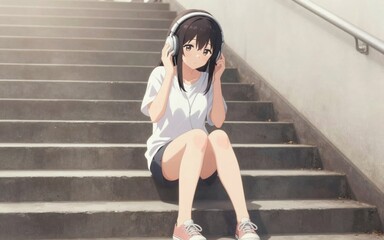 Fototapeta premium Young woman with dark hair wearing headphones sitting on outdoor steps in a peaceful urban setting