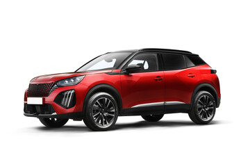 Isolated studio photo of a red modern SUV from a slight front left side angle on a transparent background.