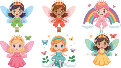 Cute fairy princess girls illustration set featuring magical cartoon characters with crowns wings and pastel dresses isolated on white background © Milon Creative
