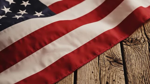 American flag draped partially over rustic wooden planks surface
