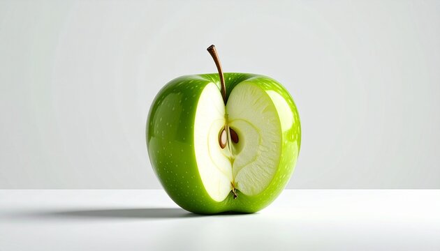 "Vertically sliced green apple reassembled to show interior and exterior on white surface with gray background."
