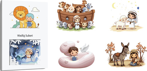 Naklejka premium Cute biblical children illustration set featuring Noahs Ark angels Jesus and Bible story scenes in soft cartoon style on white background