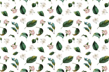 Vibrant floral pattern with green leaves and blossoming flowers